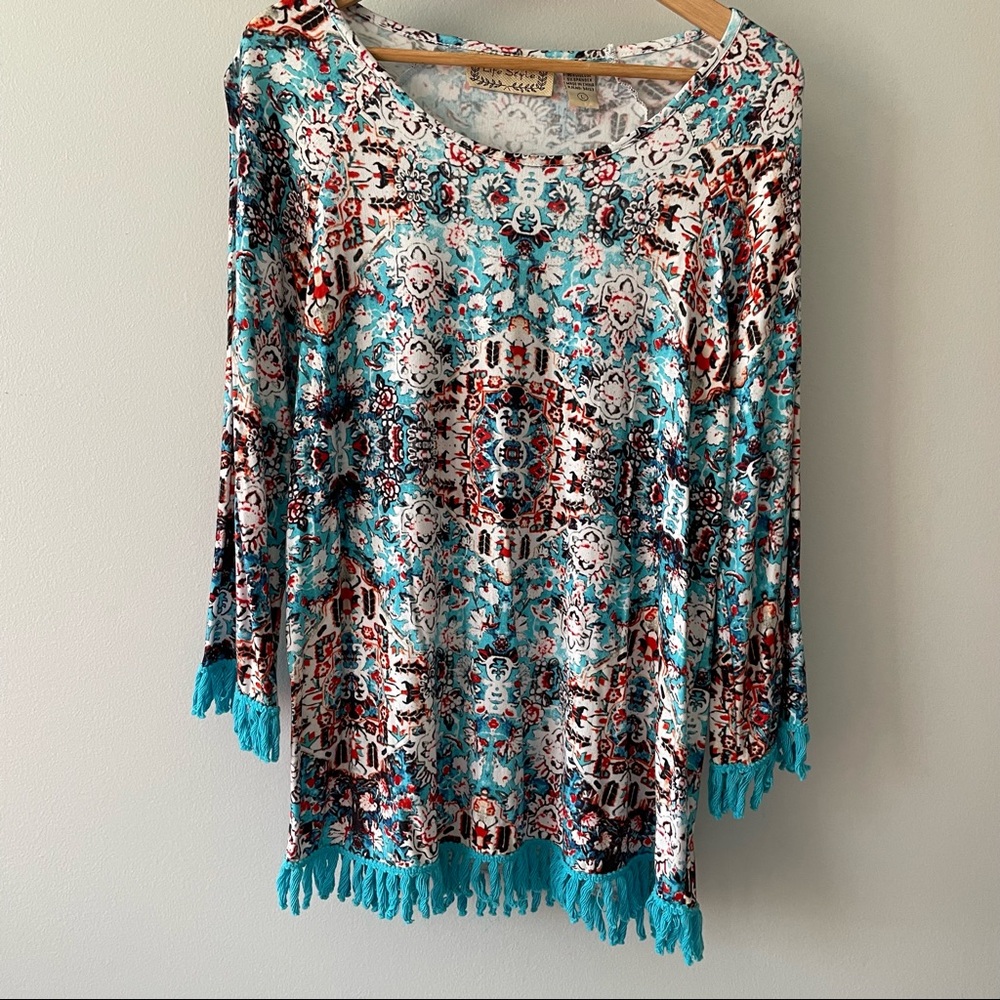 Life Style FUN fringed knit tunic top, L, EUC